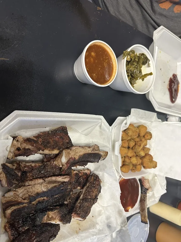 Ribs Okra Collards Baked Beans and Rice